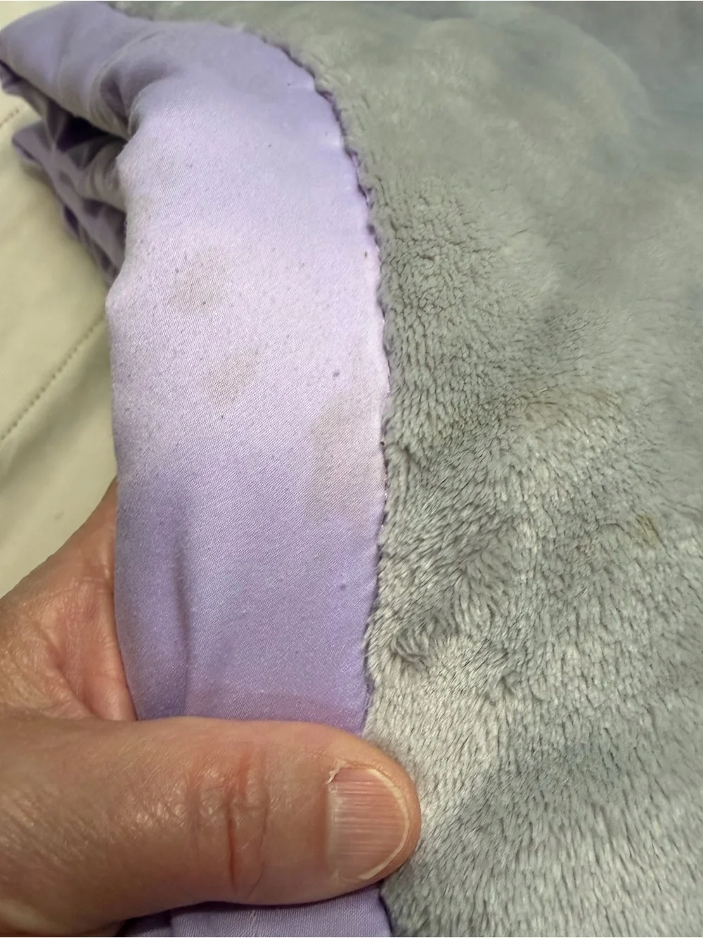 Wendy Bellissimo Gray Plush Baby Blanket with Lavender Satin Edge
